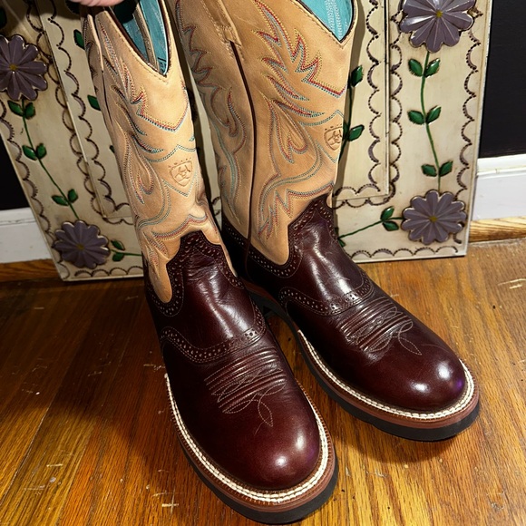 Ariat Shoes - Ariat two-tone western boots, leather cowgirl boots, brown and tan embroidered